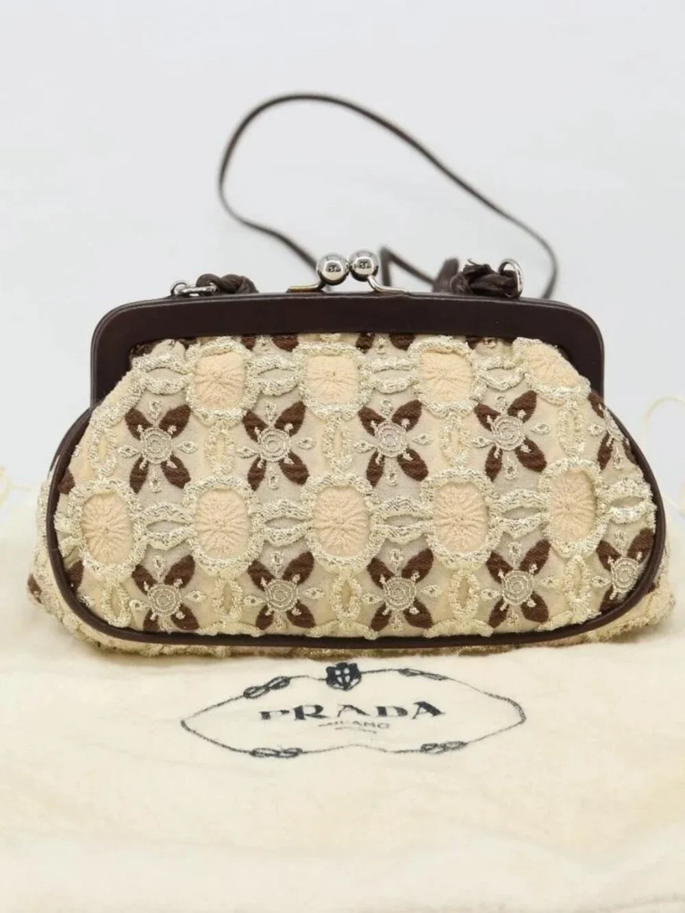 PRADA Coin Purse Shoulder Pouch Canvas Beige Silver Auth 185760SAV